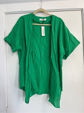 Commense Bright Green Open-Front Short Sleeve Tunic cover up no belt linen
